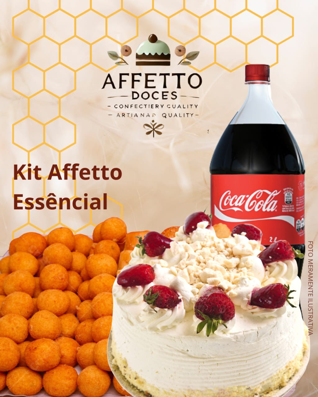 Kit Essencial com bolo, salgadinhos e refrigerantes